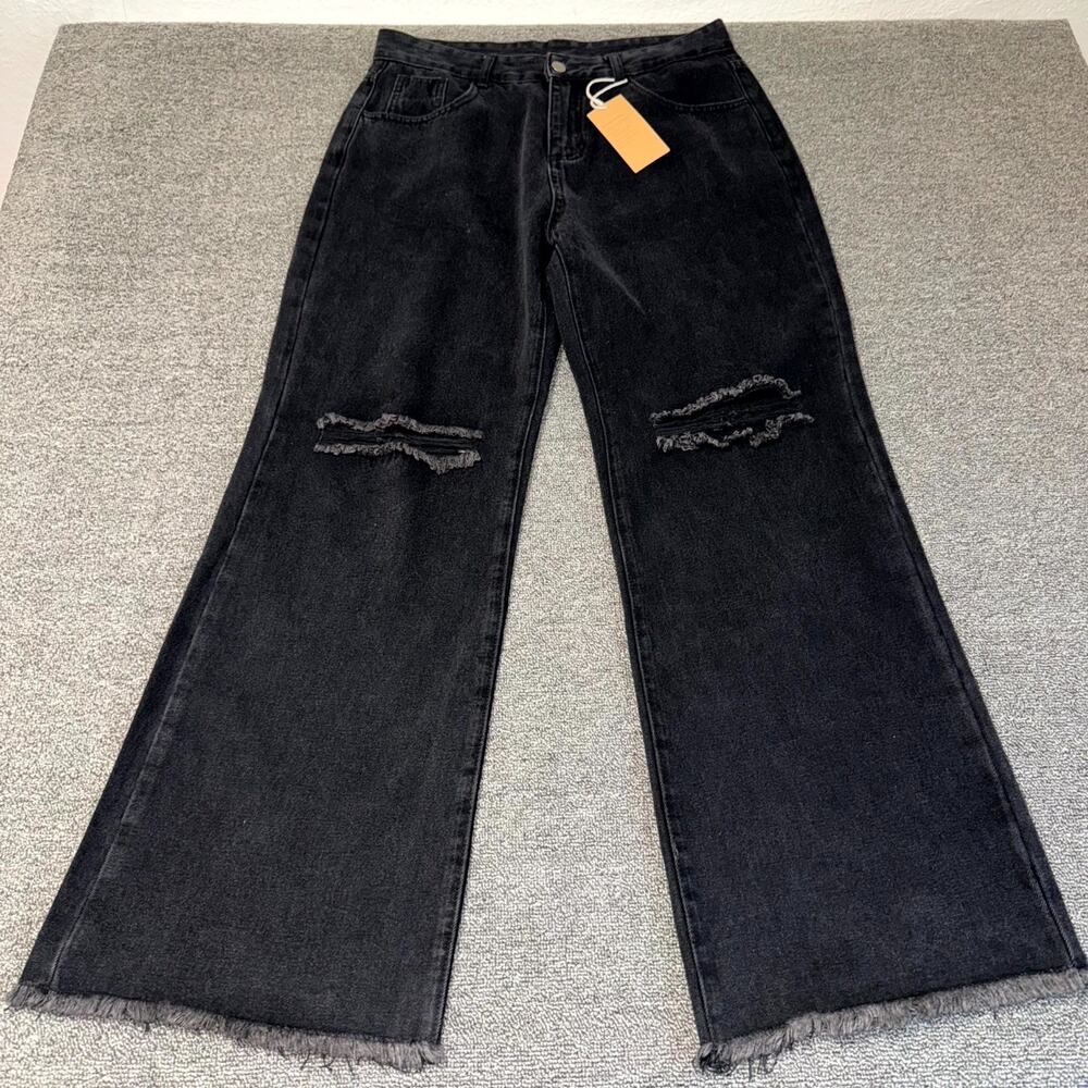 Genleck Jeans Womens Large Black Denim Distressed Wide Leg‎ High Rise Frayed Hem